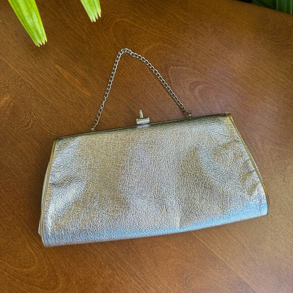 Vintage 1960s Gold/Silver Lame' Convertible Clutch Structured Purse w Clasp - Picture 1 of 9
